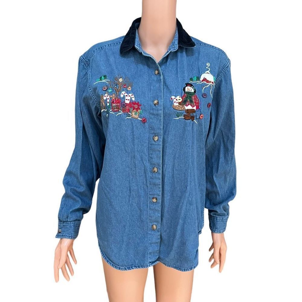 Casey & Max Vintage Denim Embroidered Shirt SNOWMAN CHRISTMAS CANDY CANES size S